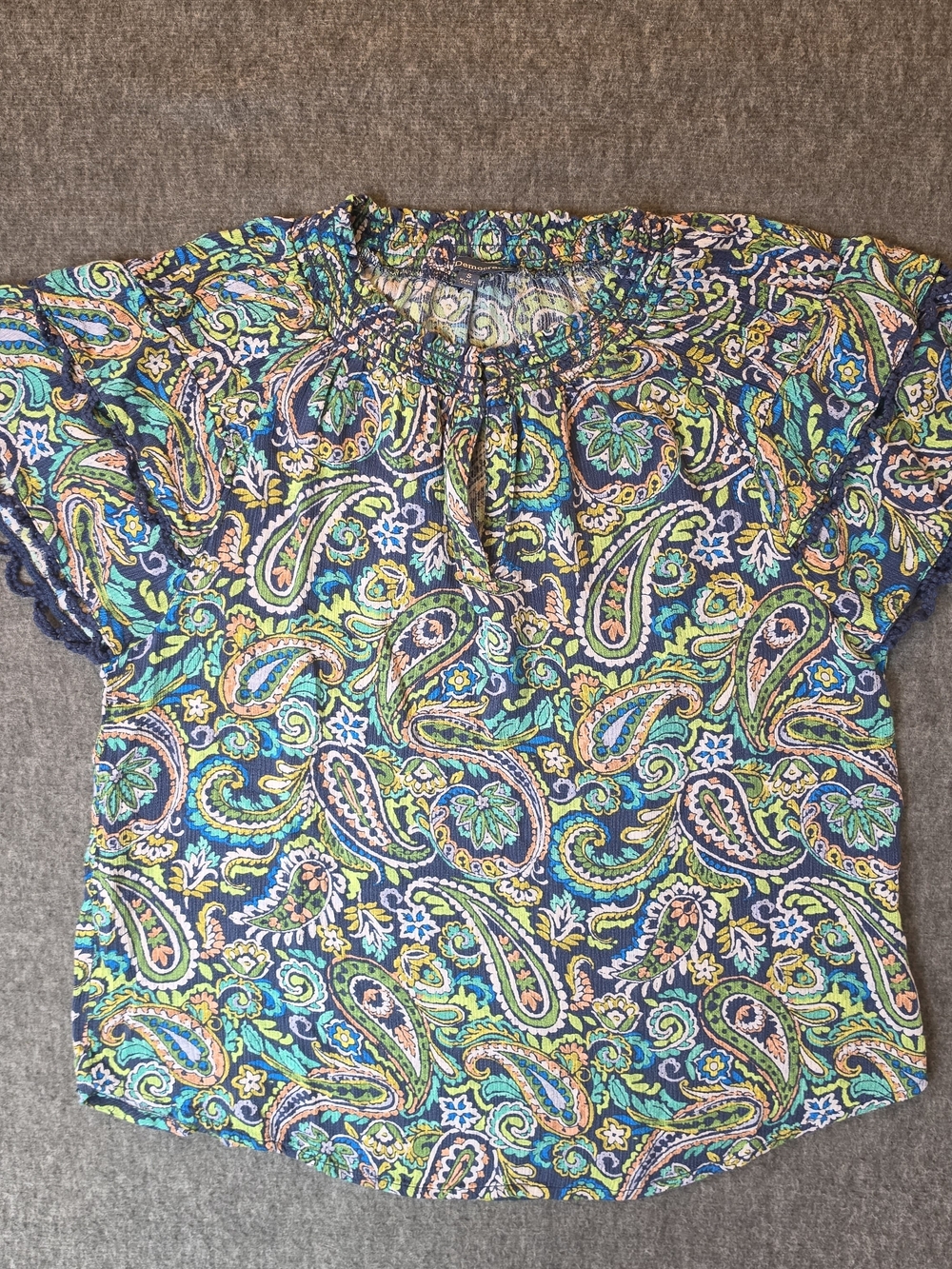 Democracy Navy Paisley Short Sleeve Blouse Womans Small Peasant Bohemian Hippie
